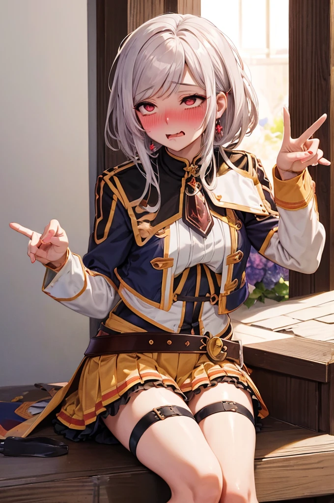 peace sign,(masterpiece, best quality), intricate details, 1girl, megumin, short hair, belt indoors,ahg rolling eyes tongue((((blush)))),(cleatched teetch)