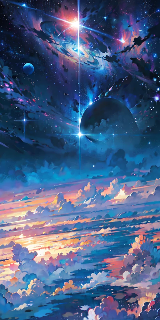  scene of a beautiful sky with a star and a planet, cosmic skies. by makoto shinkai, anime art wallpaper 4k, anime art wallpaper 4 k, anime art wallpaper 8 k, anime wallpaper 4k, anime wallpaper 4 k, 4k anime wallpaper, anime sky, amazing wallpaper, anime background, heaven planet in background, anime background art, Galactic pillars of creation, realistic, realism 