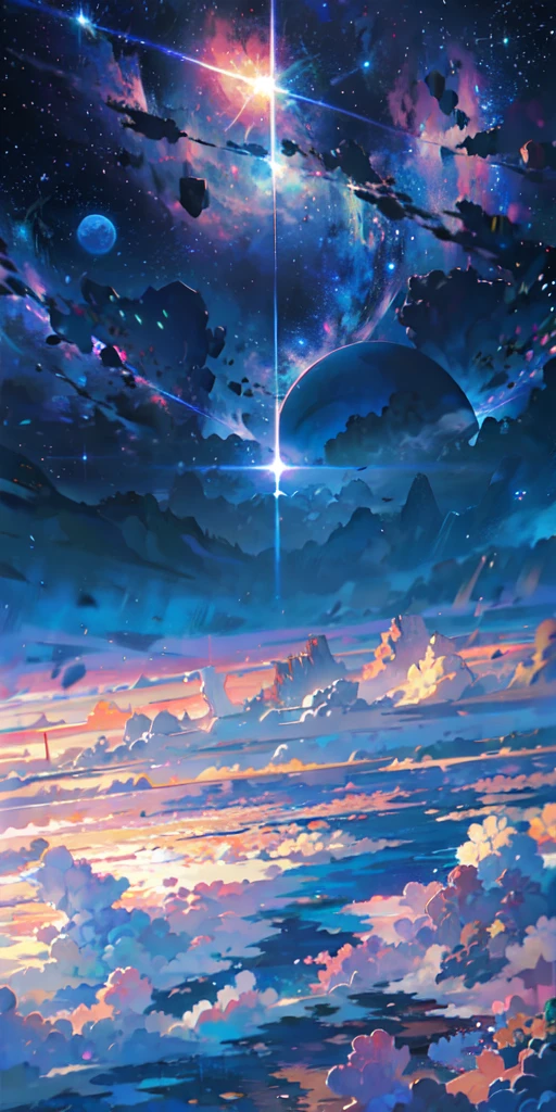  scene of a beautiful sky with a star and a planet, cosmic skies. by makoto shinkai, anime art wallpaper 4k, anime art wallpaper 4 k, anime art wallpaper 8 k, anime wallpaper 4k, anime wallpaper 4 k, 4k anime wallpaper, anime sky, amazing wallpaper, anime background, heaven planet in background, anime background art, Galactic pillars of creation, realistic, realism 