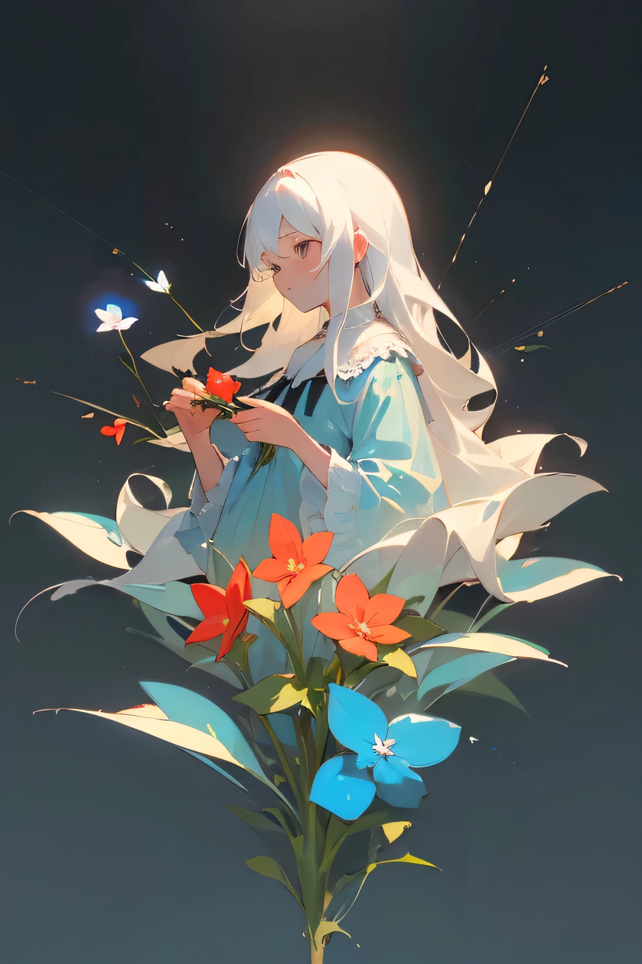 (((masterpiece))), ((highest quality 16k)), (ephemeral:1.3), ((detailed and delicate)), ((fantastic background)), ((long white hair)), holding a small red flower, look down, , Forget-me-not,NEON COLOR, LOFI COLOR