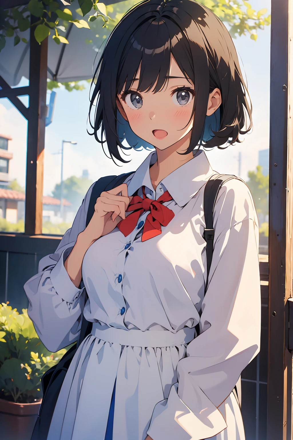 (masterpiece:1.6),(best quality:1.6), (ultra high res1.2),perfect proportion,(dark hair:1), ( black hair:1), (black eyes:1.1),(beautiful Busty breasts:1.2), (beautiful girl:1.4),a girl,(medium bob hair:1.2),a sexy mole around the mouth,open mouth,(aroused:1.3), (embarrassed:1.3), blush,(Raincoat:1.1),(school uniform1),a red Checked bow tie, (upper body shot:1.1),Morning school hours, rain, rain降り, Raincoatを着て, 