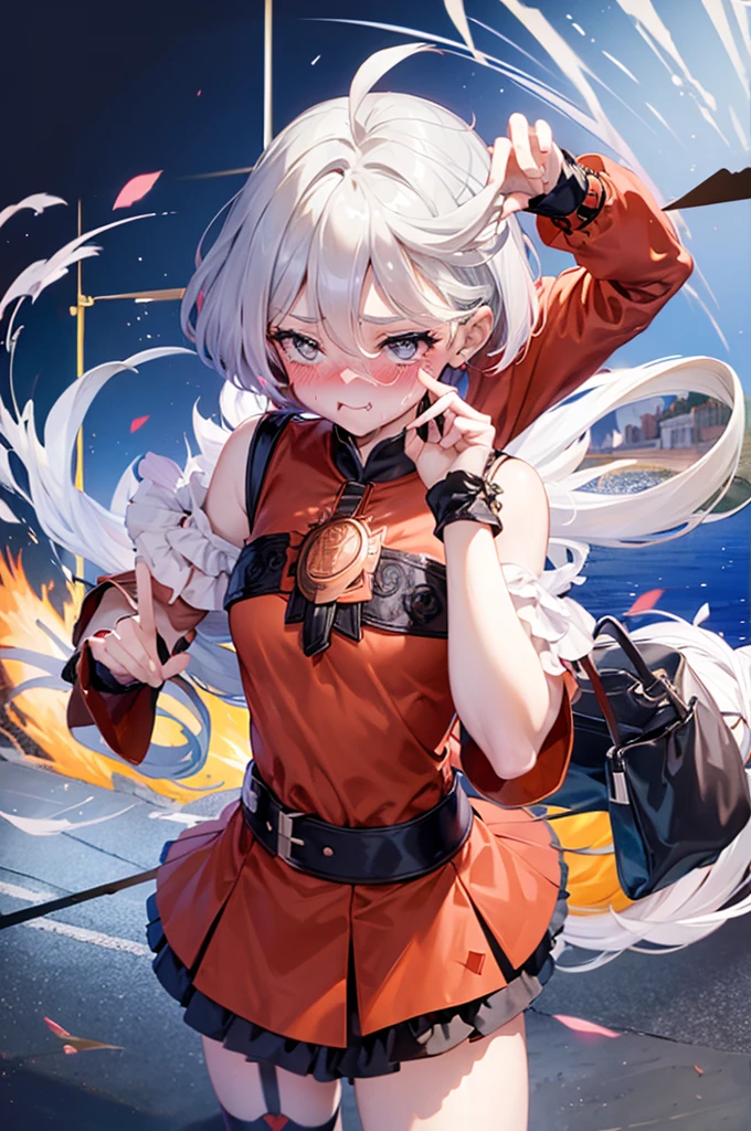 peace sign,(masterpiece, best quality), intricate details, 1girl, megumin, short hair, belt indoors,ahg rolling eyes tongue((((blush)))),(cleatched teetch)