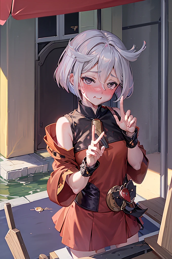 peace sign,(masterpiece, best quality), intricate details, 1girl, megumin, short hair, belt indoors,ahg rolling eyes tongue((((blush)))),(cleatched teetch)