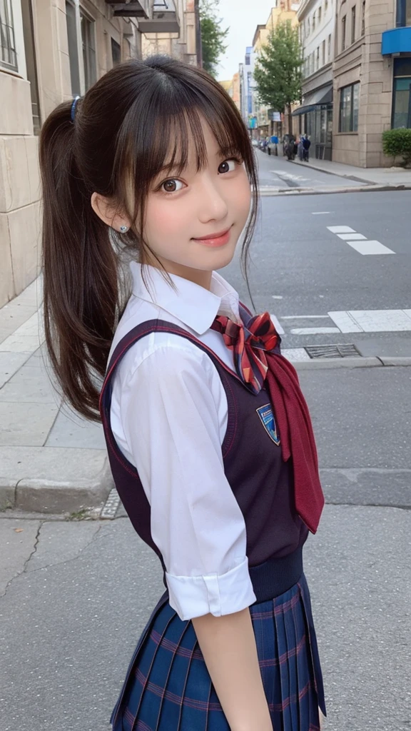 One Girl, (Beautiful girl, Delicate girl:1.3), (14 years old:1.3),
break, (school uniform:1.3), skirt,
break, (Street view:1.3),
break, Very beautiful eyes, (Symmetrical eyes:1.3),
break, Small breasts, Brown eyes, Parted bangs, Brown Hair, ponytail, (Upper teeth, The best smile:0.2),
break, (Eye and facial details:1.0),
break, (masterpiece, Highest quality, Super detailed, Detailed face, 8K)