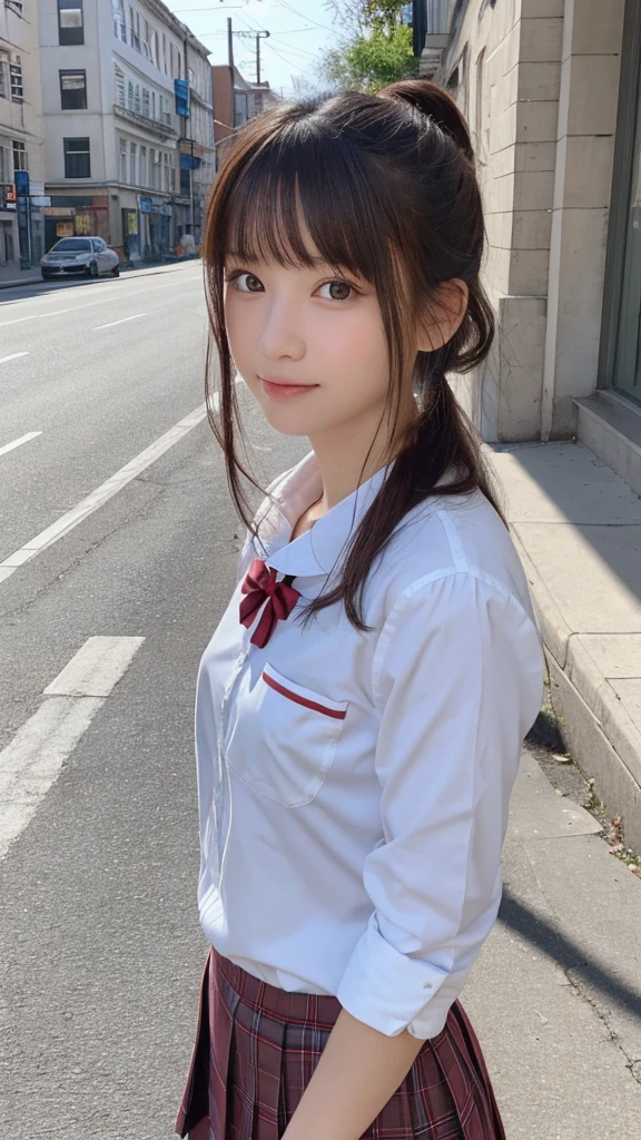One Girl, (Beautiful girl, Delicate girl:1.3), (14 years old:1.3),
break, (school uniform:1.3), skirt,
break, (Street view:1.3),
break, Very beautiful eyes, (Symmetrical eyes:1.3),
break, Small breasts, Brown eyes, Parted bangs, Brown Hair, ponytail, (Upper teeth, The best smile:0.2),
break, (Eye and facial details:1.0),
break, (masterpiece, Highest quality, Super detailed, Detailed face, 8K)