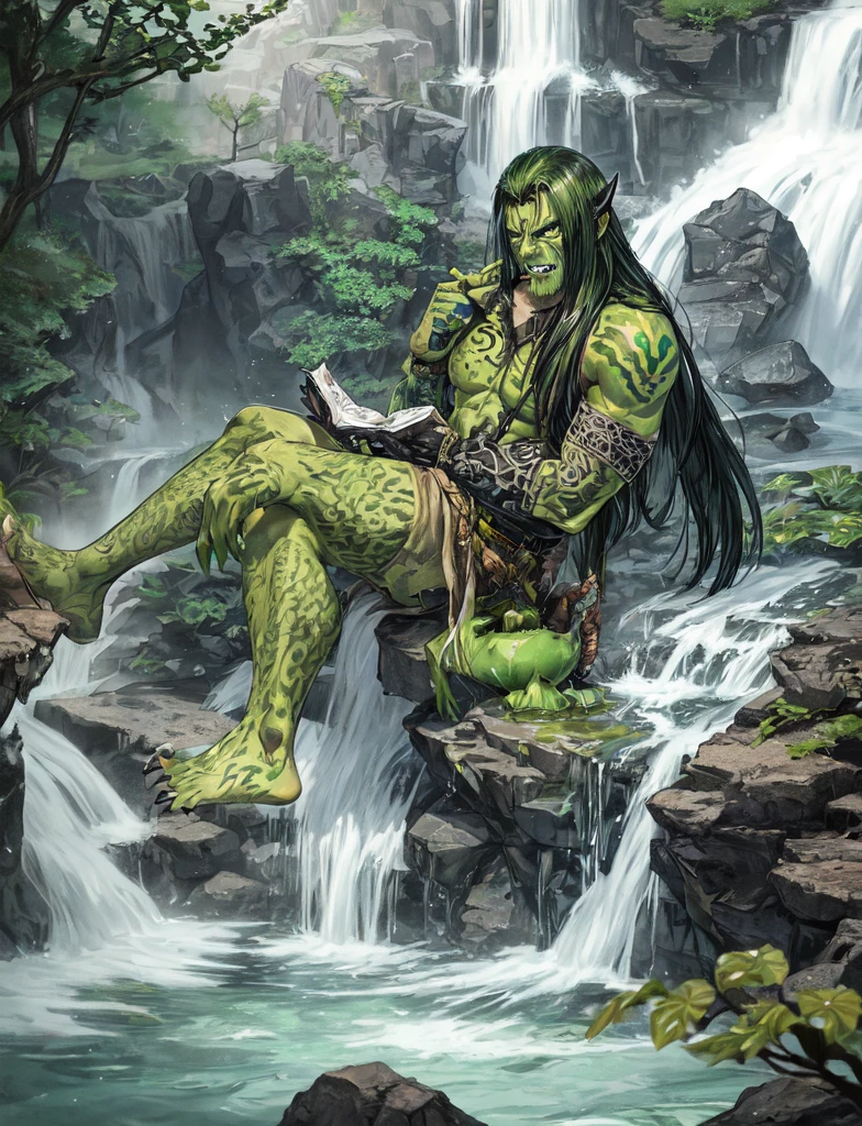 Dark eyes, ork, tusks, green skin, handsome, model looking, in water, by waterfall, tattoos, muscular, 2D, manga, hand drawn, comic realism