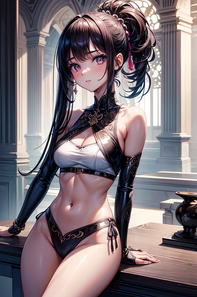 ((highest quality)),(ultra high resolution),(Super detailed),(detailed description),((best CG)),(best work of art),super precision art, great drawing art,(Art with precise details:1.5), (ung girl:1.5), beautiful and well-shaped face:1.5,(Beautiful skin with precise and detailed depiction:1.6),(sleeveless halter neck crop top, knee length gym shorts ),gorgeous, masterpiece, best quality, high-resolution, finely detailed, extremely detailed and beautiful, distinct-image, 1 girl, 16 year old teen, solo, sharp facial features, oval shaped face. cherry pink lips, lightly tanned white skin. velvet-colored eyes, C-cup breasts, tall height(175cm), slim yet chiseled body type, short shoulder length dark violet-black hair, small narrow waist, long and slender legs, curvy wide hips, elegant gothic courtyard setting