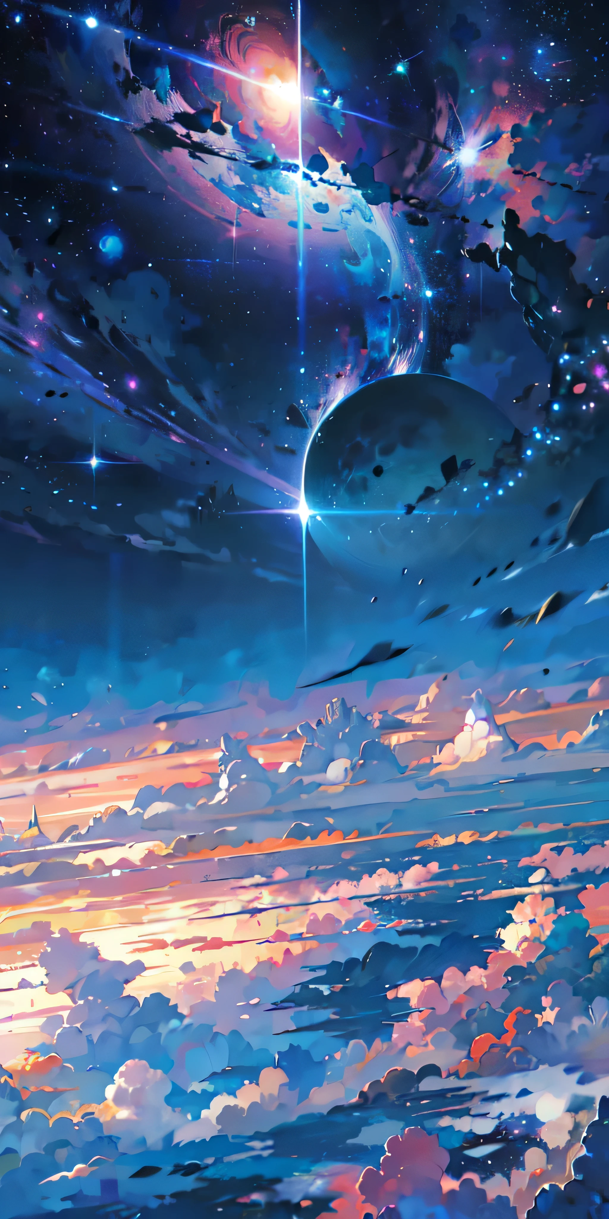 scene of a beautiful sky with a star and a planet, cosmic skies. by makoto shinkai, anime art wallpaper 4k, anime art wallpaper 4 k, anime art wallpaper 8 k, anime wallpaper 4k, anime wallpaper 4 k, 4k anime wallpaper, anime sky, amazing wallpaper, anime background, heaven planet in background, anime background art, Galactic pillars of creation, realistic, realism