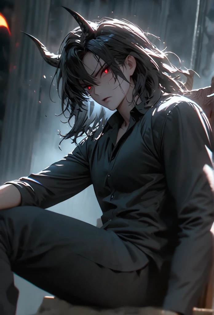 (solo), Demon lord, masculine, black hair, messy hair, mane hair, medium hair, dense hair, wild hair, expressive hair, mature,(25 year old), pale skin, red eyes, ((man)), wearing a black dress shirt, , black demon horns,, serious, handsome, attractive, eye reflection, depth of field, thunder aura,cinematic lighting, ray tracing, depth of field, cinematic lighting, ray tracing, UHD, high details, best quality, highres, high quality, award winning, super detail, masterpiece, 8k, UHD, high details, best quality, highres, high quality, award winning, super detail, masterpiece, 8k, digital art, anime coloring, full body, body shot, good face, perfect face, detailed face, good eyes, sitting on a throne