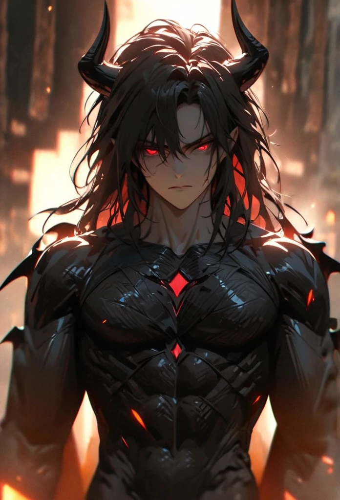 (solo), Demon lord, masculine, black hair, messy hair, mane hair, medium hair, dense hair, wild hair, expressive hair, mature,(25 year old), pale skin, red eyes, ((man)), wearing a black dress shirt, , black demon horns,, serious, handsome, attractive, eye reflection, depth of field, thunder aura,cinematic lighting, ray tracing, depth of field, cinematic lighting, ray tracing, UHD, high details, best quality, highres, high quality, award winning, super detail, masterpiece, 8k, UHD, high details, best quality, highres, high quality, award winning, super detail, masterpiece, 8k, digital art, anime coloring, full body, body shot, good face, perfect face, detailed face, good eyes, sitting on a throne