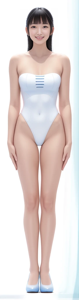 On a white background,A tall and beautiful Chinese girl,with fair skin,Toothy smile,A big smile,When you laugh, Your eyes are crescent-shaped,blunt bangs, long straight hair,Wear a one-piece swimsuit and pumps,Swimsuits are decorated with joyful patterns, Stand up straight,Stand upright,hands on sides,Symmetrical distribution,Ray tracing,All shaded areas,No windows, Soft lighting, Warm light, flood light, n, Studio light, 1.4x Realistic Ultra HD