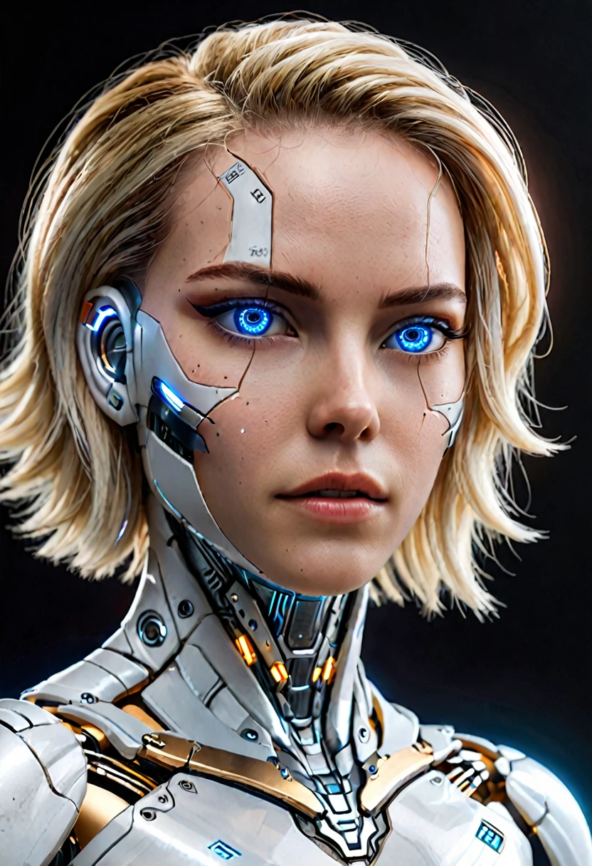 Hyperrealistic art zavy-cbrpnk, white woman cyborg mixed, blue illuminated eyes, soft hair. panel . Extremely high resolution details, photographic, realism taken to the extreme, fine texture, stunningly lifelike