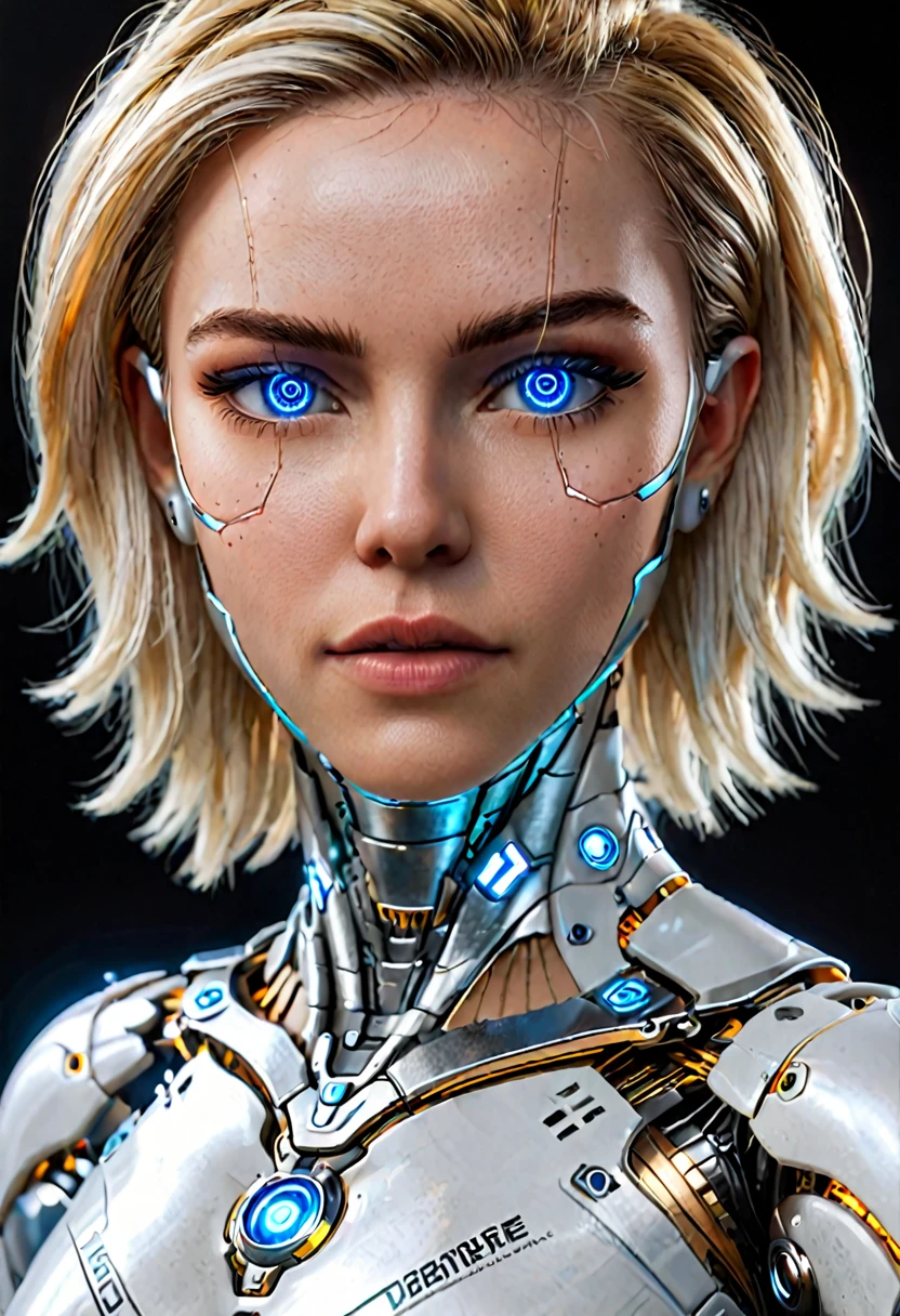 Hyperrealistic art zavy-cbrpnk, white woman cyborg mixed, blue illuminated eyes, soft hair. panel . Extremely high resolution details, photographic, realism taken to the extreme, fine texture, stunningly lifelike