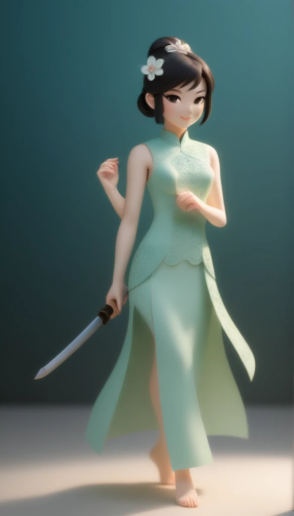 (paper art,layered paper art,paper quilling,paper-cut,paper sculpture), 1 Cheongsam woman，Slender figure，perfectly proportions，Delicate hair accessories, full body, smile，Oriental elements，simple background, mint green,  (Soft Lighting, Bokeh), sword and shild, pose fihgter 