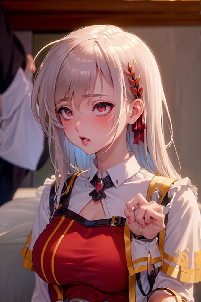 peace sign,(masterpiece, best quality), intricate details, 1girl, megumin, short hair, belt indoors,ahg rolling eyes tongue((((blush)))),(cleatched teetch)