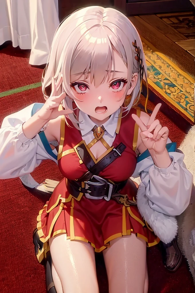 peace sign,(masterpiece, best quality), intricate details, 1girl, megumin, short hair, belt indoors,ahg rolling eyes tongue((((blush)))),(cleatched teetch)