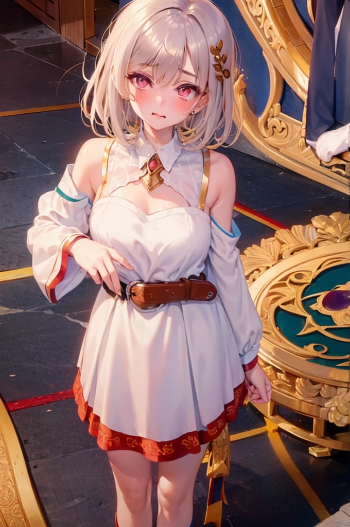 peace sign,(masterpiece, best quality), intricate details, 1girl, megumin, short hair, belt indoors,ahg rolling eyes tongue((((blush)))),(cleatched teetch)