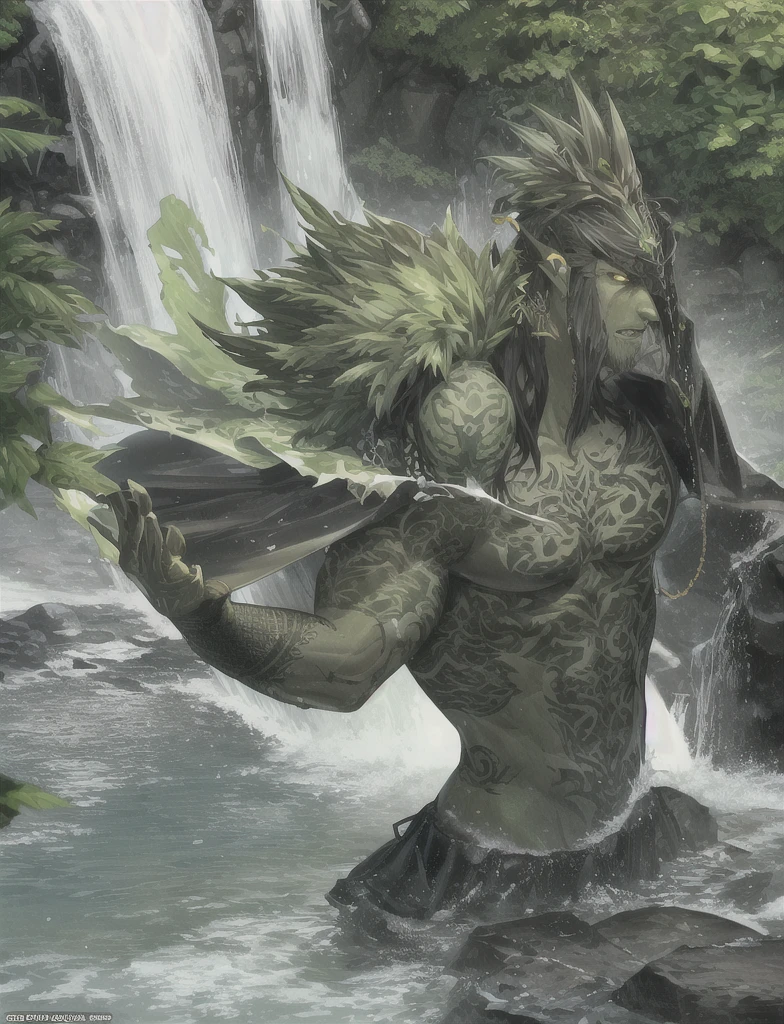Dark eyes, ork, tusks, green skin, handsome, model looking, in water, by waterfall, tattoos, muscular, 2D, manga, hand drawn, comic realism