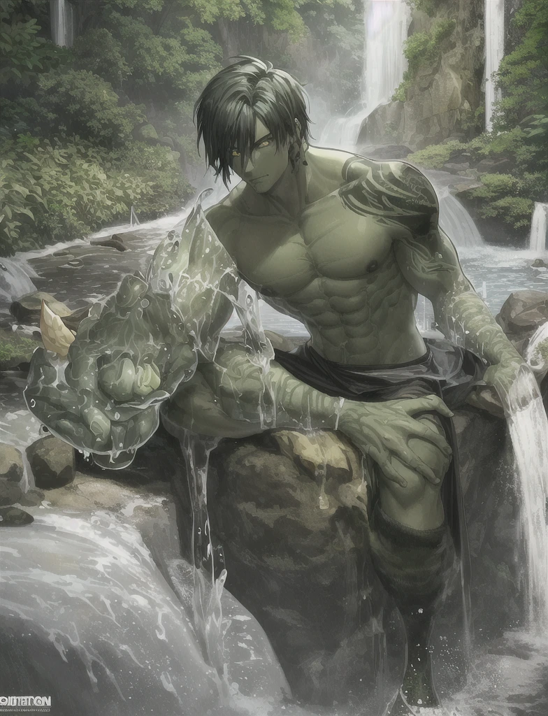 Dark eyes, ork, tusks, green skin, handsome, model looking, in water, by waterfall, tattoos, muscular, 2D, manga, hand drawn, comic realism
