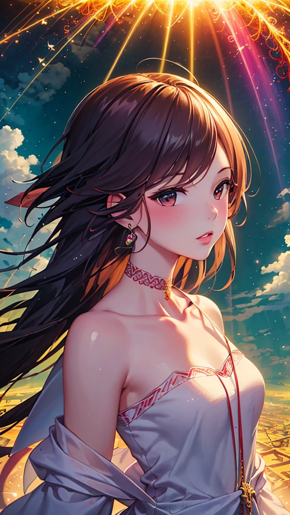 (masterpiece, top quality, best quality, official art, beautiful and aesthetic:1.2), (1girl), extreme detailed,(fractal art:1.3),colorful,highest detailed, god, mysterious background, Crepuscular rays, (perfect face), sacred background, View from the front