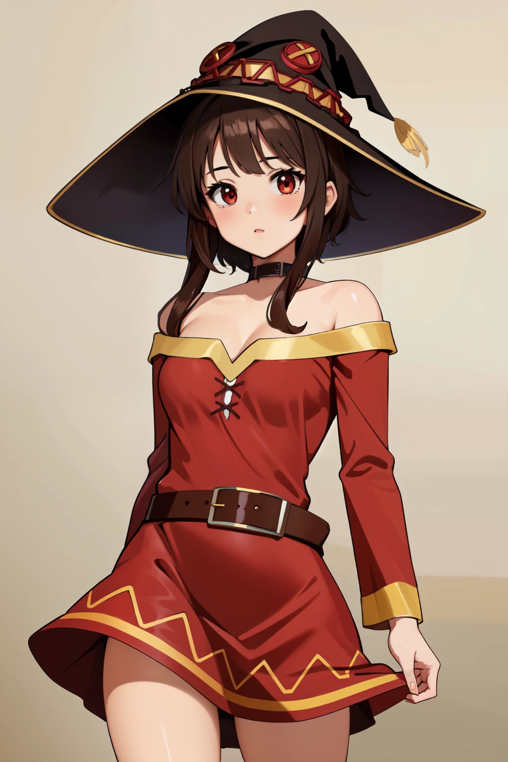 (masterpiece, best quality, detailed background, intricate details), 1girl, megumin, short brown hair, dress, red dress, hat, witch hat, belt, choker