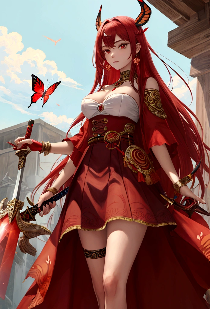 work of art, iansã entity Oyá, red butterfly, Katrina hurricane, Tuuli, big red circle skirt, one hand holding a sharp copper sword and in the other hand an artifact made from the tail of a buffalo