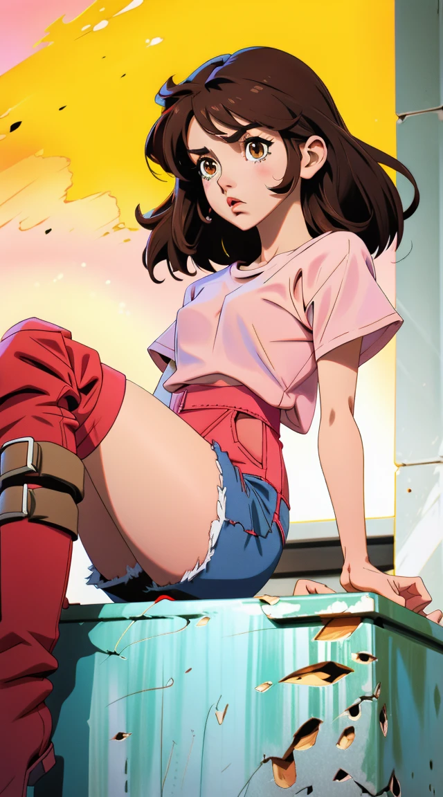 anime style, female character, with dark hair and brown eyes, with a pink blouse and a white t-shirt underneath, shorts and boots