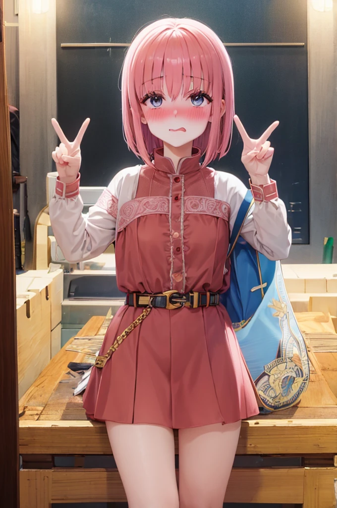 peace sign,(masterpiece, best quality), intricate details, 1girl, megumin, short hair, belt indoors,ahg rolling eyes tongue((((blush)))),(cleatched teetch)