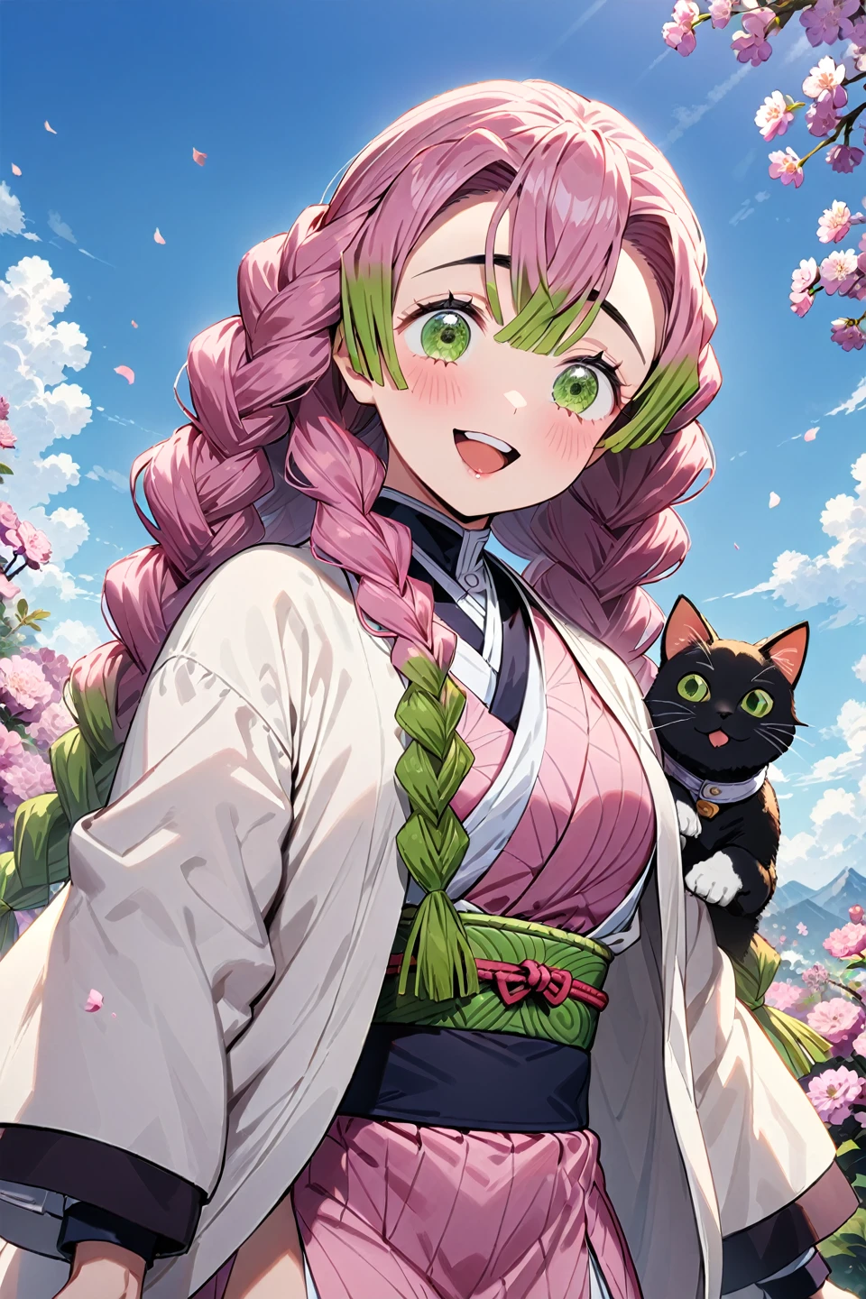 1girl, Mitsuri Kanroji, from Kimetsu no Yaiba, standing, happy expression, pink hair, green eyes, white haori, pink and white kimono, cat on her shoulder, pink and purple flowers, blue sky, masterpiece, best quality, very aesthetic, ((medium quality)), ((medium quality))