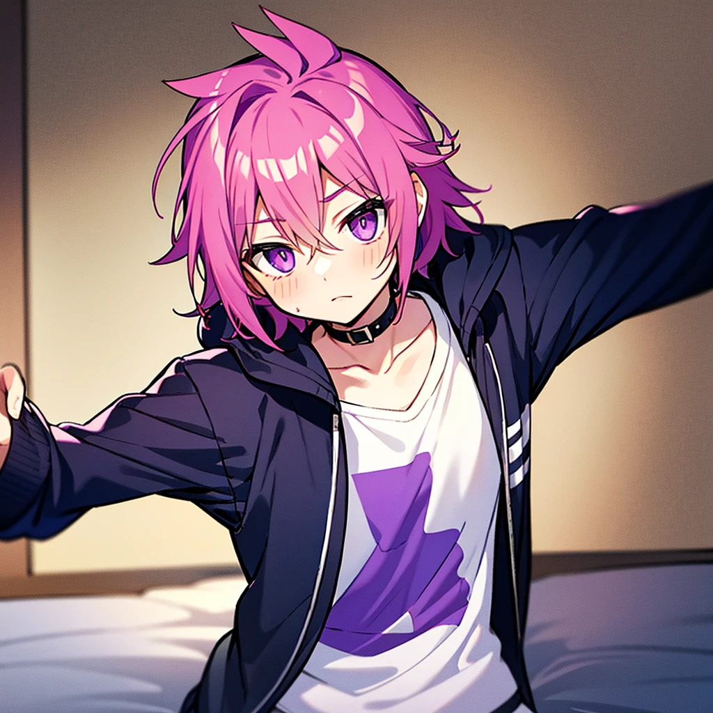 Saika have ,he is a boy, he has short striking pink hair that falls in soft waves around his face, complementing his vibrant purple eyes. His features are sharp and defined, with a youthful charm that is accentuated by his slender build. He often wears a stylish black jacket over a graphic t-shirt and jogging àd sometimes tight, completing his edgy and modern look, he is in his bedroom. He blush a bit
