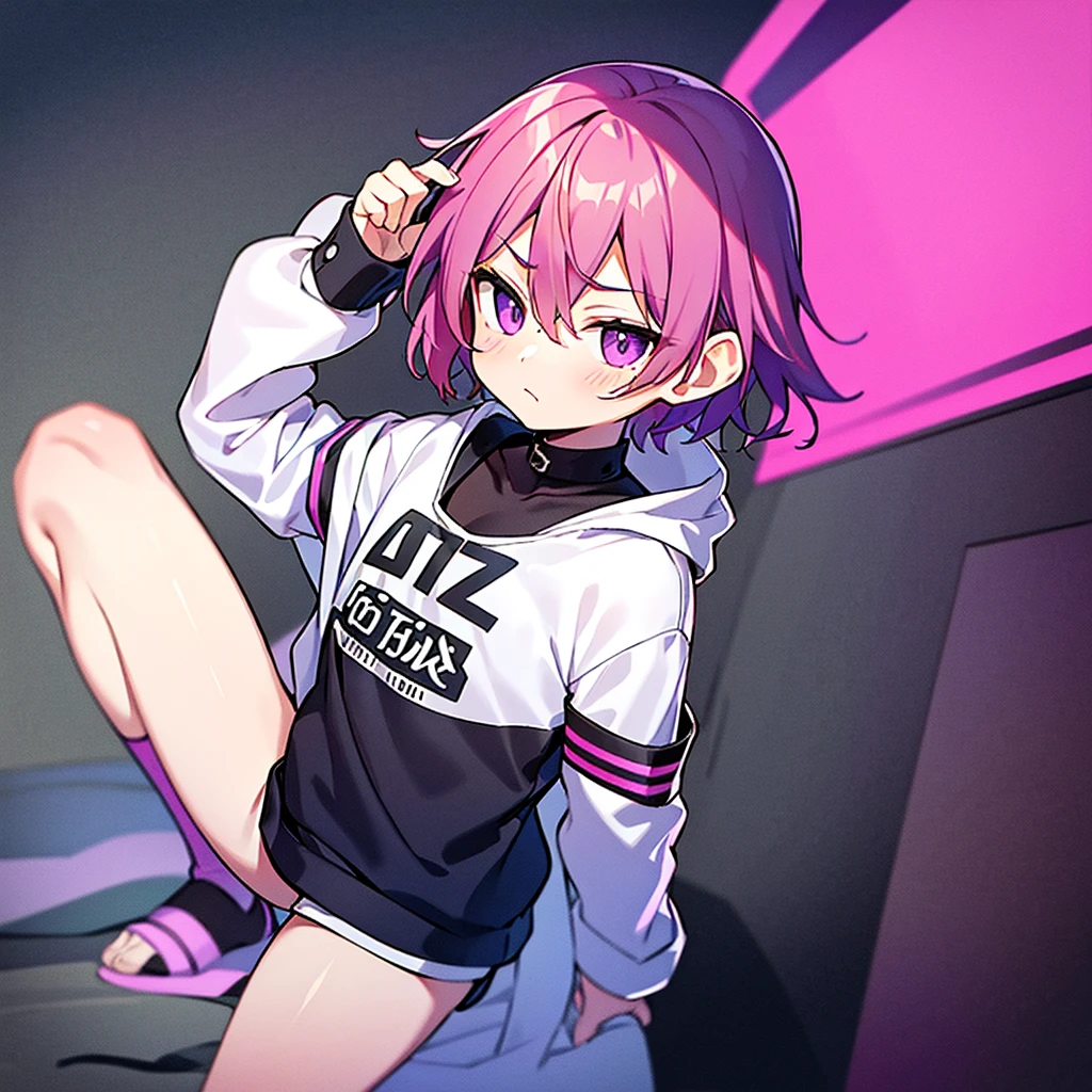 Saika have 14 years old,he is a boy, he has short striking pink hair that falls in soft waves around his face, complementing his vibrant purple eyes. His features are sharp and defined, with a youthful charm that is accentuated by his slender build. He often wears a stylish black jacket over a graphic t-shirt and jogging àd sometimes tight, completing his edgy and modern look, he is in his bedroom. He blush a bit