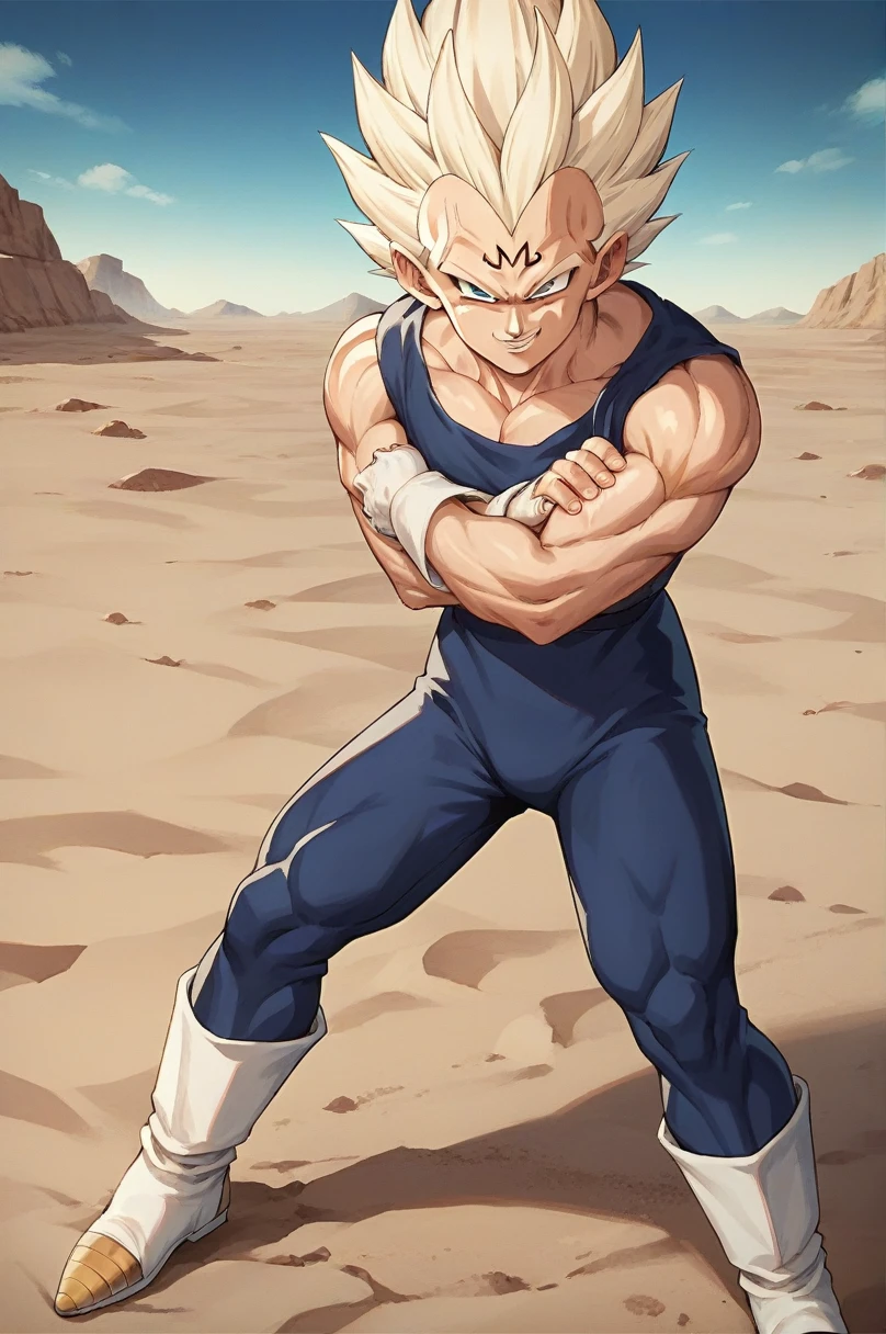 score_9, source_anime, score_8_up, score_7_up, detailed background, 1boy, solo, full body, Desert, Majin dramatic lighting, dynamic pose, dynamic composition, action scene, action pose, crossed arms, evil smile