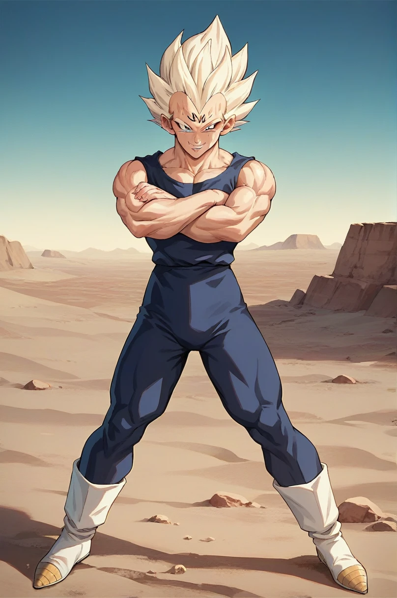 score_9, source_anime, score_8_up, score_7_up, detailed background, 1boy, solo, full body, Desert,  Majin dramatic lighting, dynamic pose, dynamic composition, action scene, action pose, crossed arms, evil smile