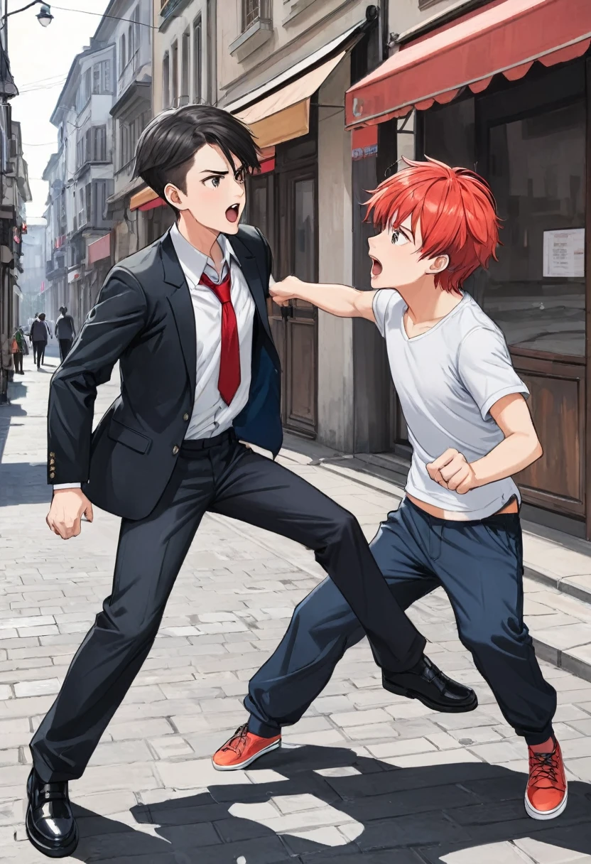 Two boys meet in the street and are quarreling