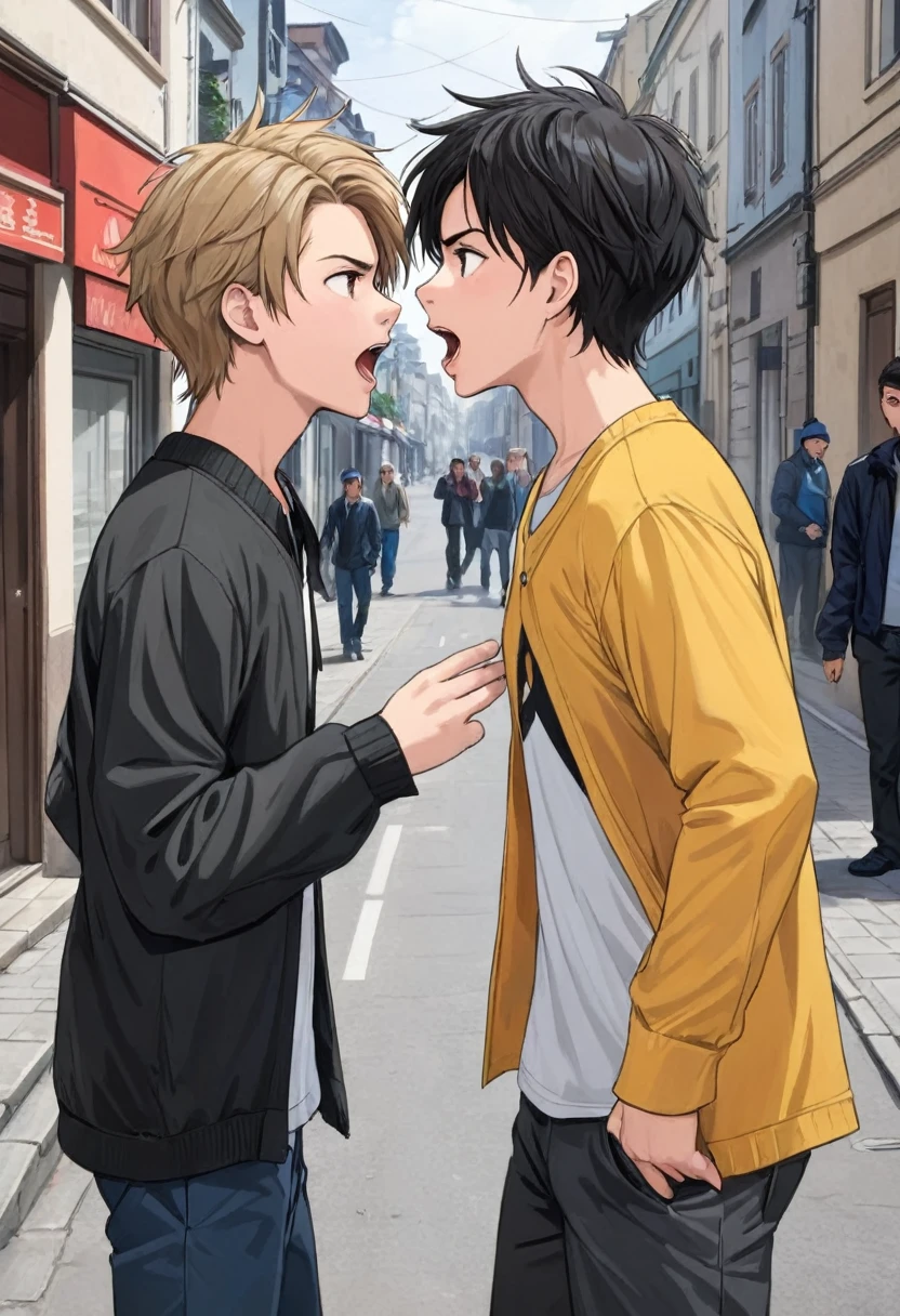 Two boys meet in the street and are quarreling