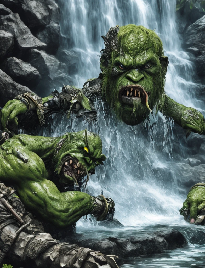 Dark eyes, ork, tusks, green skin, handsome, model looking, in water, by waterfall, tattoos, muscular, 2D, manga, hand drawn, comic realism