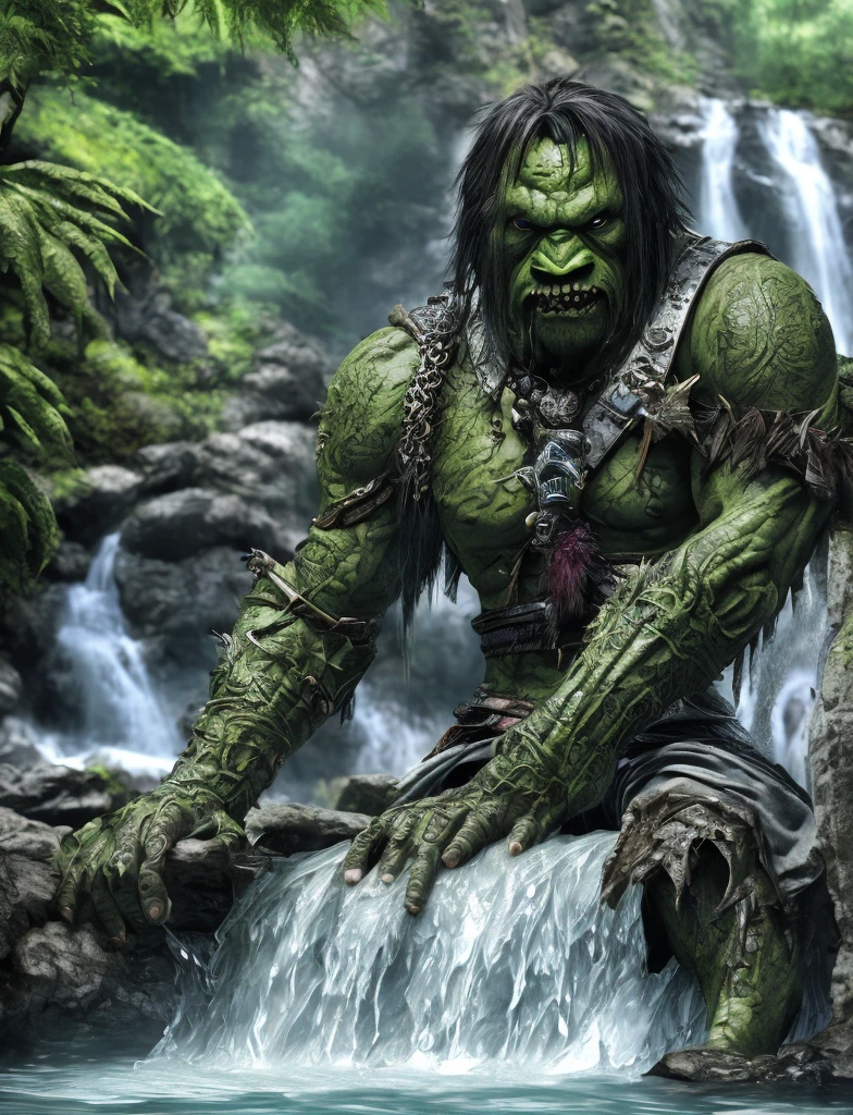 Dark eyes, ork, tusks, green skin, handsome, model looking, in water, by waterfall, tattoos, muscular, 2D, manga, hand drawn, comic realism