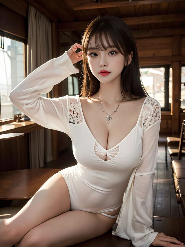 russian girl, fullbody, necklace, jewelry, red eyeliner, brown eyes, bangs, ???? pose, best quality, masterpiece, wearing lace ????????, an extremely delicate and beautiful, CG, unity, 8k wallpaper, Amazing, finely detail, masterpiece, official art, extremely detailed CG unity 8k wallpaper, incredibly absurdres, huge filesize, ultra-detailed, highres, extremely detailed, beautiful detailed girl, realistic, full frontal, light contrast, completely legs