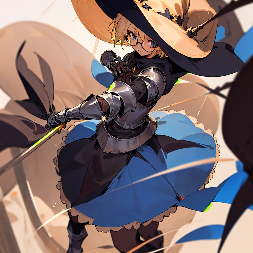 One girl, short blonde hair, blue eyes, thin rimmed glasses, witch, and witch dress. 
One man, knight armor, tan man, short black hair, brown eyes, black short beard. 