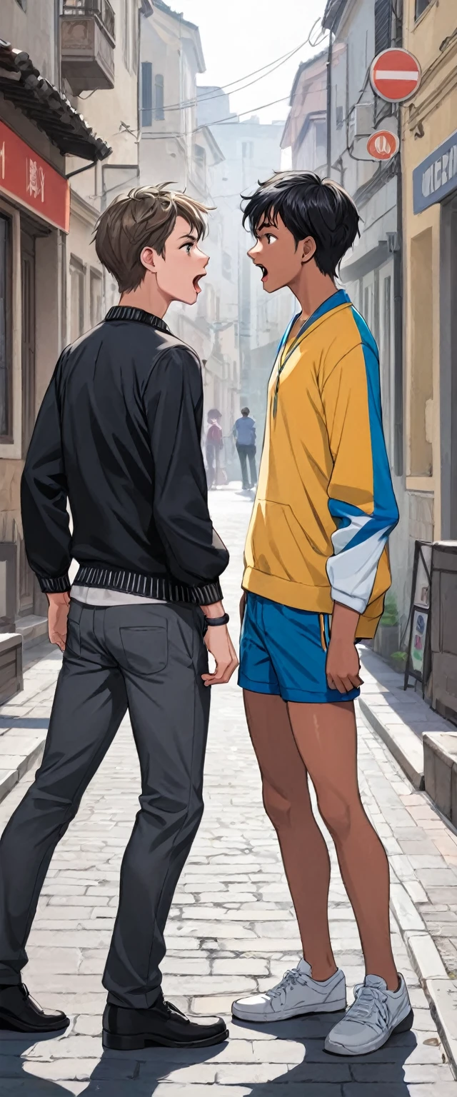 Two boys meet in the street and are quarreling