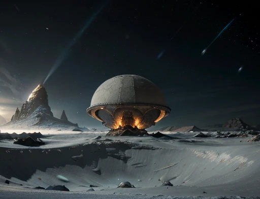 Closer Photo An Alien Ship Shaped Like a Flying Saucer Is Crashed on the Ground, half buried, frozen planet setting, snowstorm , zoomed in on crotch, , chunie, darkgem, there is an astronaut watching this spaceship 