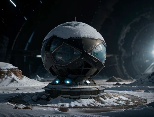 Closer Photo An Alien Ship Shaped Like a Flying Saucer Is Crashed on the Ground, half buried, frozen planet setting, snowstorm , zoomed in on crotch, , chunie, darkgem, there is an astronaut watching this spaceship 