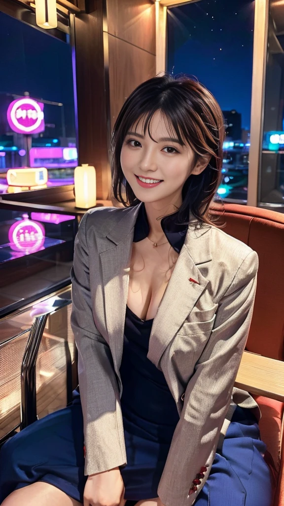 A scene of a woman wearing a low-cut suit sitting in a chair and flashing her best smile in a love hotel at night in a city lit up by neon lights.
