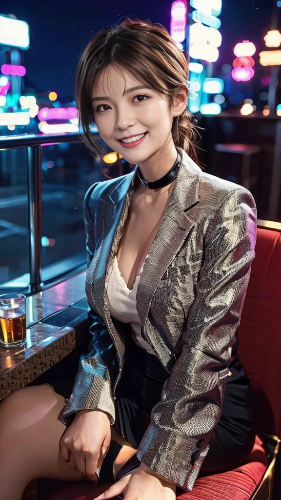 A scene of a woman wearing a low-cut suit sitting in a chair and flashing her best smile in a love hotel at night in a city lit up by neon lights.