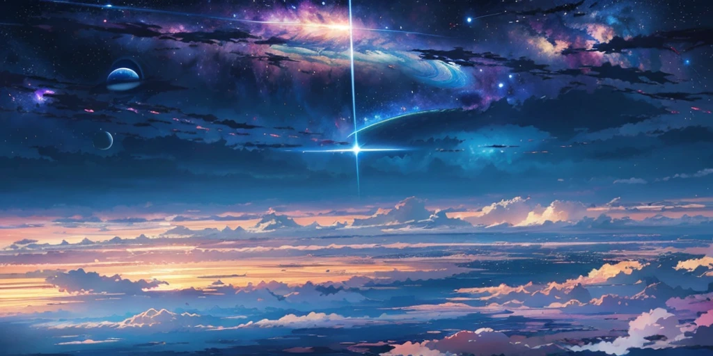 scene of a beautiful sky with a star and a planet, cosmic skies. by makoto shinkai, anime art wallpaper 4k, anime art wallpaper 4 k, anime art wallpaper 8 k, anime wallpaper 4k, anime wallpaper 4 k, 4k anime wallpaper, anime sky, amazing wallpaper, anime background, heaven planet in background, anime background art, Galactic pillars of creation, realistic, realism