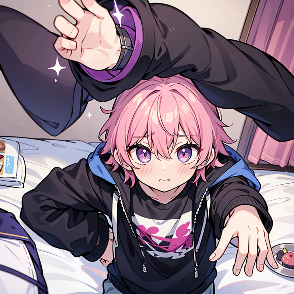 Saika have 14 years old,he is a boy, he has short striking pink hair that falls in soft waves around his face, complementing his vibrant purple eyes. His features are sharp and defined, with a youthful charm that is accentuated by his slender build. He often wears a stylish black jacket over a graphic t-shirt and jogging àd sometimes tight, completing his edgy and modern look, he is in his bedroom. He blush a bit