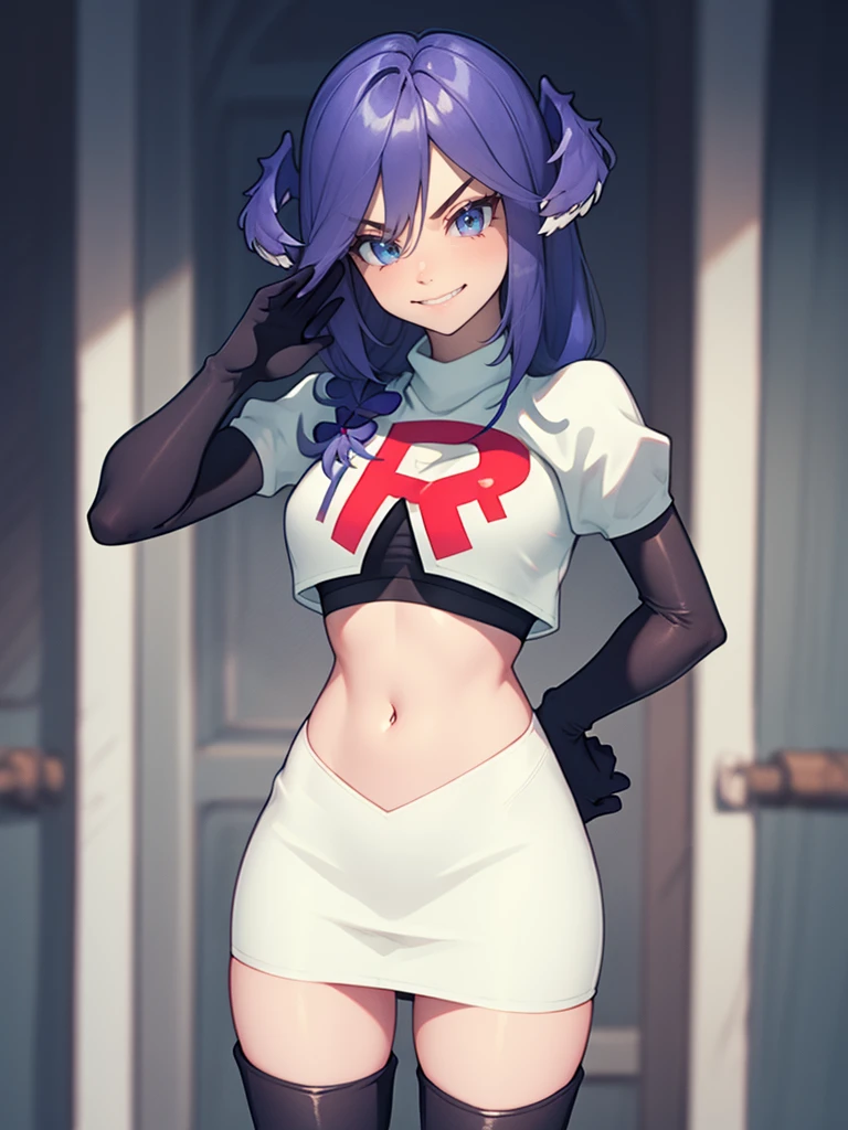 ,team rocket uniform, red letter R, white skirt,white crop top,black thigh-high boots, black elbow gloves, evil smile, looking at viewer, cowboy shot, salute