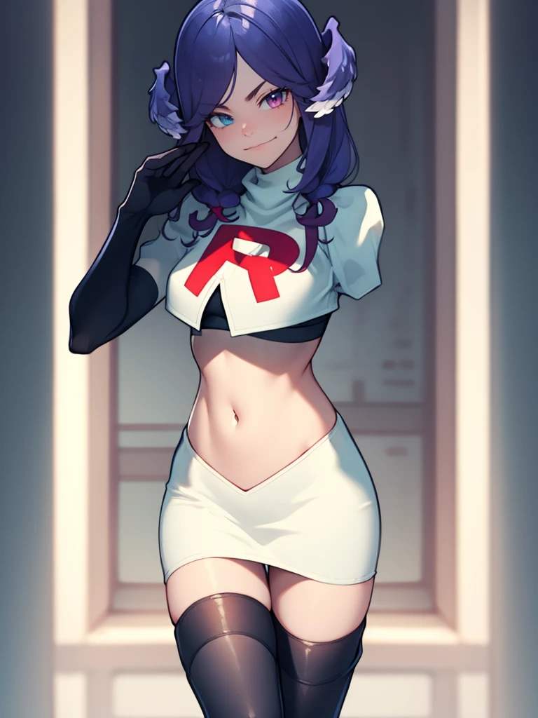 ,team rocket uniform, red letter R, white skirt,white crop top,black thigh-high boots, black elbow gloves, evil smile, looking at viewer, cowboy shot, salute