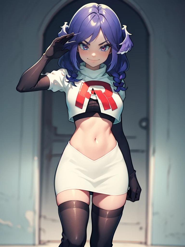 ,team rocket uniform, red letter R, white skirt,white crop top,black thigh-high boots, black elbow gloves, evil smile, looking at viewer, cowboy shot, salute