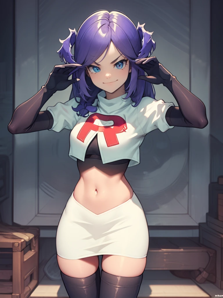 ,team rocket uniform, red letter R, white skirt,white crop top,black thigh-high boots, black elbow gloves, evil smile, looking at viewer, cowboy shot, salute